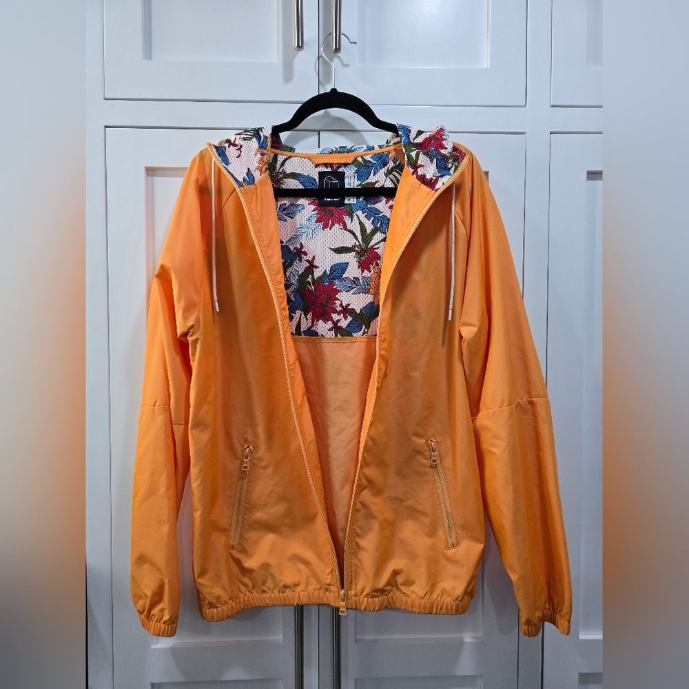 🌞 Orange Hooded Rain Jacket – Size Small (Original Use)